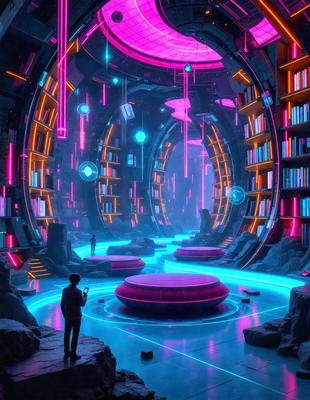 The primary subject of the image is a man standing in a futuristic library filled with books. The setting is a room with a large number of books on shelves, creating a unique and visually striking environment. The visual style of the image is digital art, giving it a vibrant and colorful appearance. The dominant colors in the image are pink, blue, and purple, creating a lively and imaginative atmosphere.
